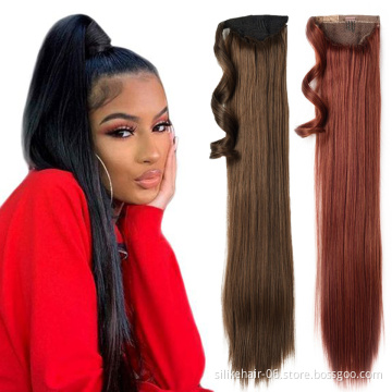 Black Brown 24 inch Long Straight Drawstring Ponytail Hairpiece With Hairpins Pony Tail Hair Extensions Synthetic Ponytail